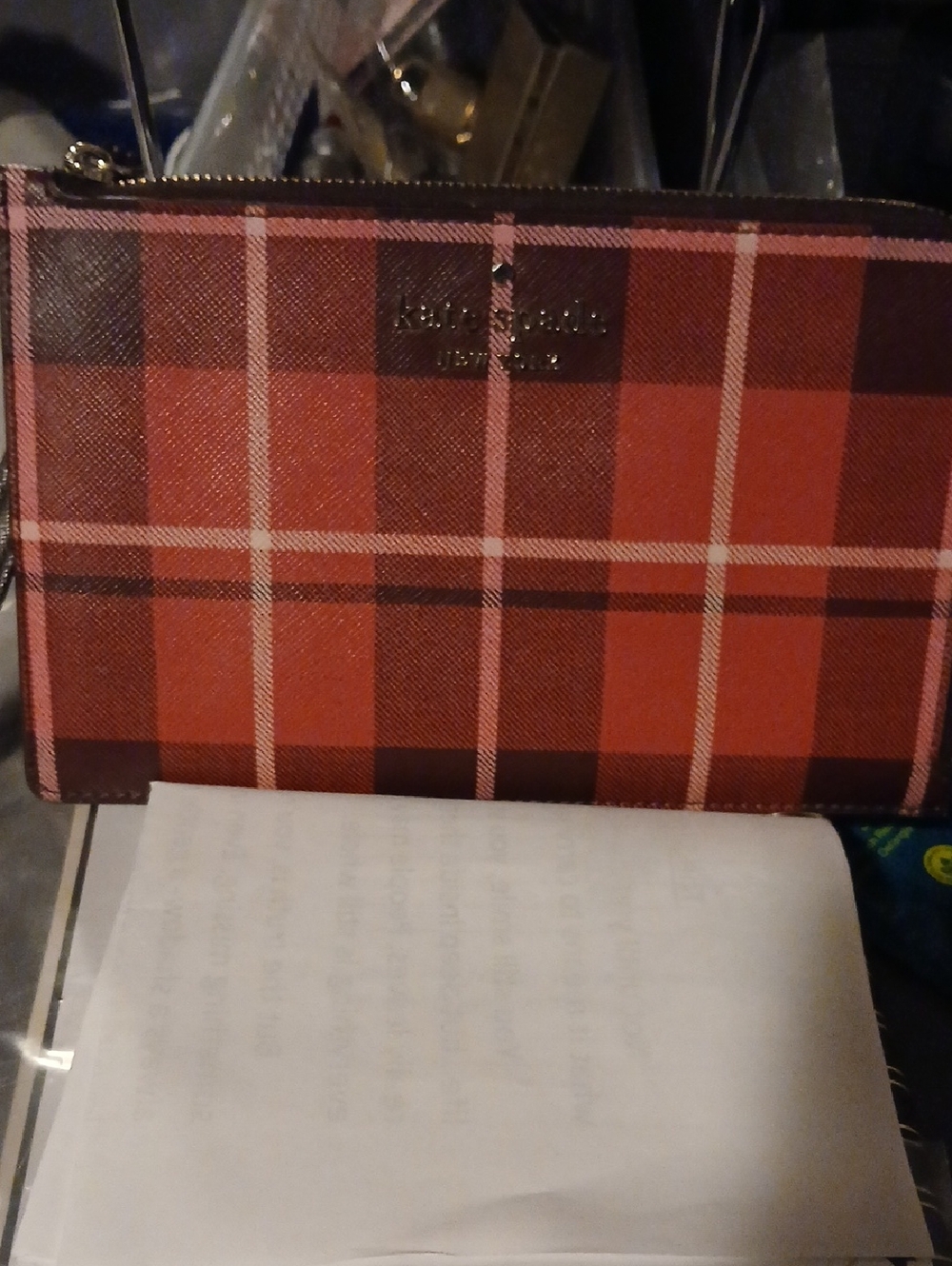 kate spade Red and Pink Plaid Zip Wallet EUC